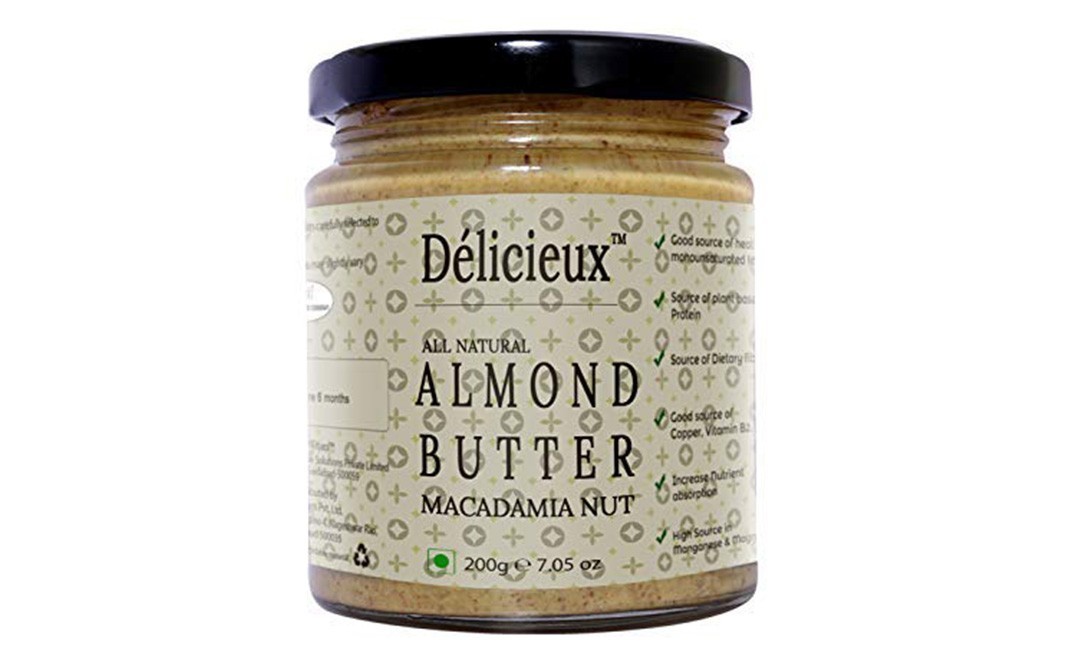 Delicieux All Natural Almond Butter Macadamia Nut   Glass Jar  200 grams